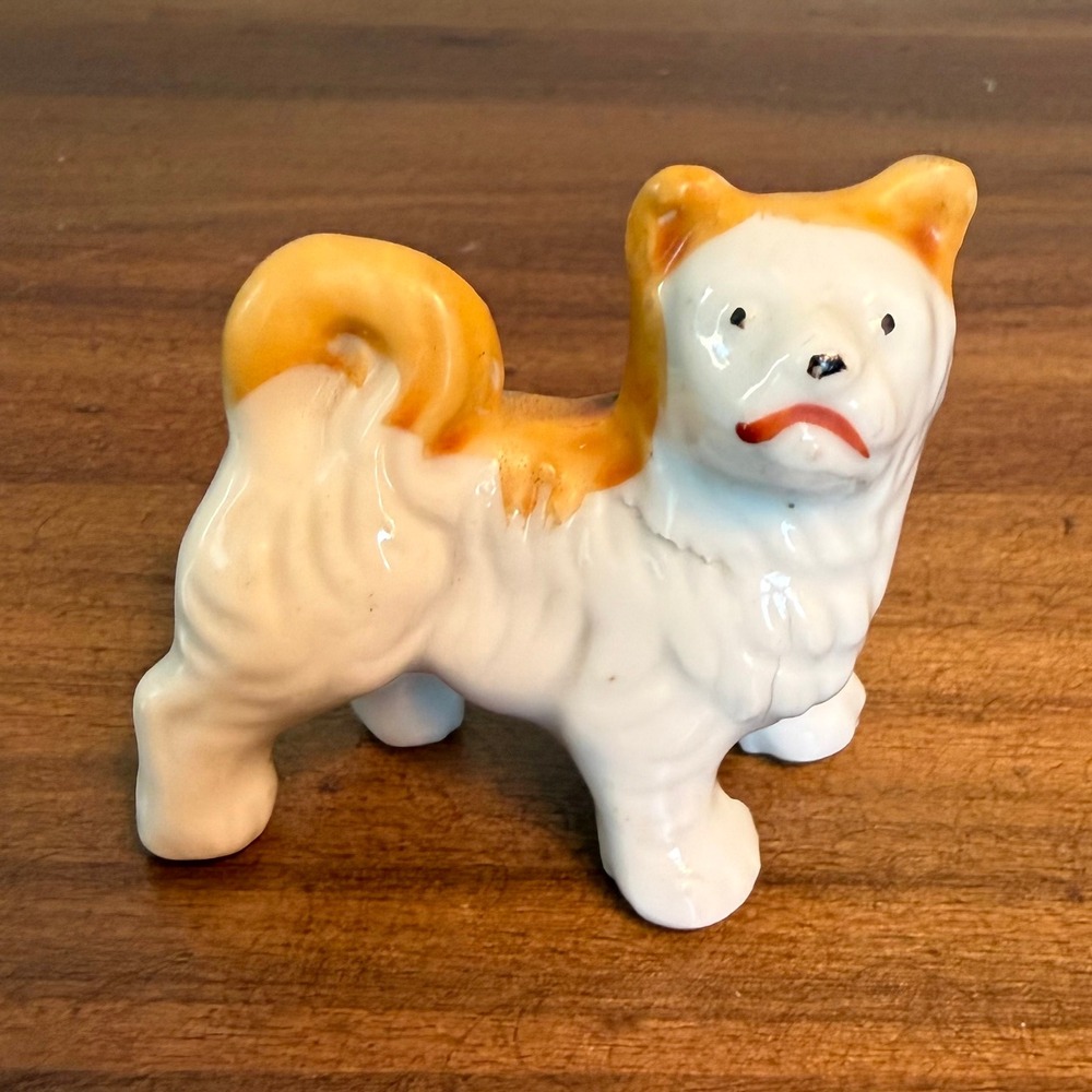 MCM Japan Puppy Dog Ceramic Figurine White Orange Akita‎ Miniature Trinket VTG